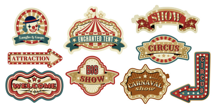 Vintage circus sign or emblems cartoon vector isolated illustrations. Striped red white marquee or tent and clown in retro carnival frame. Classic fair poster design with arrows, decorative banner