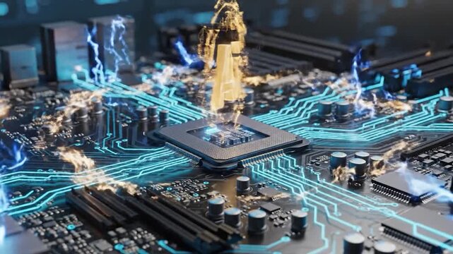 A glowing "AI" graphic hovers over a detailed circuit board with a processor and geometric shapes