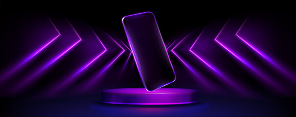 Smartphone mockup on 3D round podium with neon purple glowing geometric shapes, realistic vector illustration. Glowing tech elements and digital light effects for mobile phone app presentation.