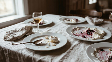 Fototapeta premium Dessert plates with whipped cream and fresh berries on rustic wooden table. Elegant after-dinner indulgence featuring wine glasses and silver spoons. Gourmet sweet treat concept for cafe menus and