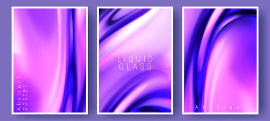 Fototapeta premium Abstract posters with iridescent liquid glass texture and flowing gradient, vector realistic illustration. Vibrant holographic curve wavy background, dynamic motion, creative brochure covers