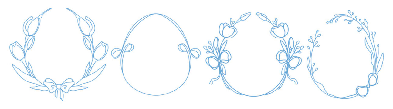 Whimsical Easter egg frames with delicate flower pattern and ribbon bow. Vector illustrations set of hand drawn spring borders with vintage ornamental design, pastel blue girly coquette prints