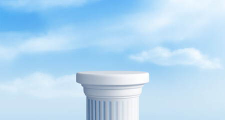 Naklejka premium White marble coumn podium, blue sky with clouds realistic vector background. Ancient roman or greek pillar, stand or museum pedestal, product presentation or exhibition, stone platform on nature bg