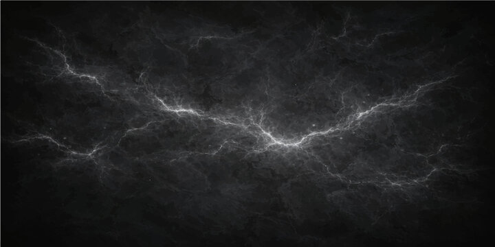 A dark lightning storm illuminates the night sky with blue light flashes through thick clouds and rain over a motion blurred sea texture backdrop