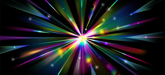 Rainbow light speed motion effect, starburst prism flare on black background abstract vector illustration. 3d explosion with holographic spectrum gradient, radial halo lines, glowing rays and beams