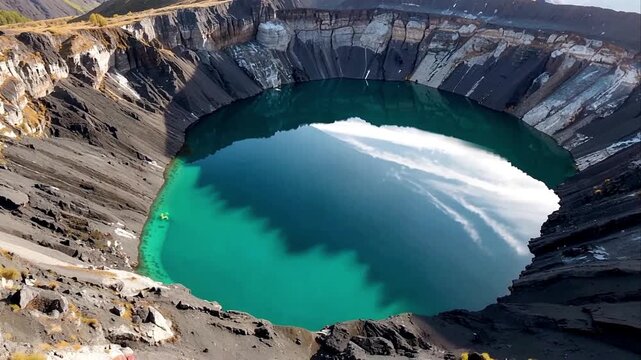 Aerial view of crater lake with turquoise water and rocky surroundings, for nature or travel website