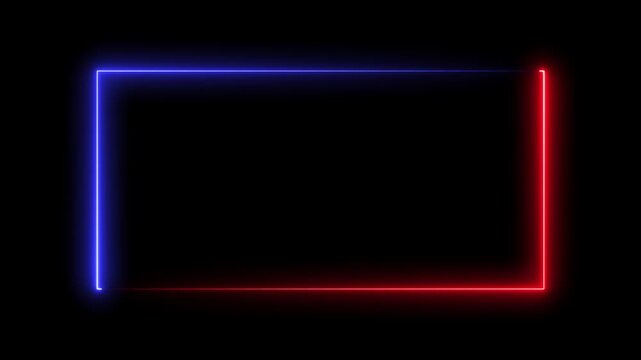 Neon Rectangle Picture Frame Icon Animation Glowing Red And Blue Color neon box round shape screen rotation border frame effect seamless footage smooth line wallpaper on black background