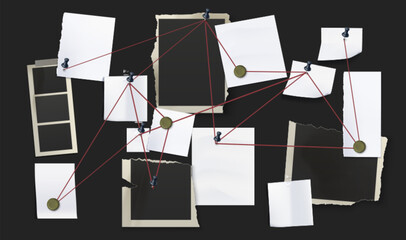 Detective investigation board with crime evidence, photo frames, pins and red string connecting clues on blackboard background. 3d realistic vector illustration of police case analysis workspace © klyaksun