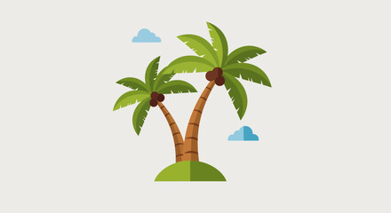 Fototapeta premium Flat design palm trees on island with coconuts and clouds, tropical vacation concept.