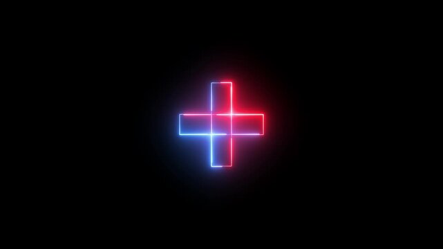 Neon plus sign icon animation glowing red and blue color neon sign positive mathematic accountancy calculating icon sign symbol on black background