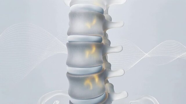 Animated lumbar spine vertebrae shifting as spinal nerves glow, showing back pain and nerve compression