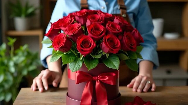 Hat box with bouquet of red roses and woman florist in flower shop. Concept of professional floral work, floristry business, gift business.