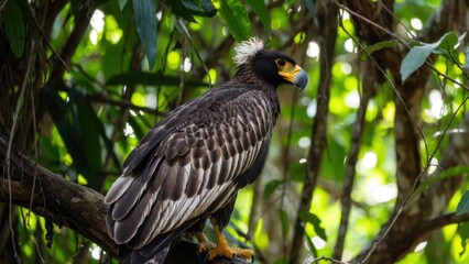 Fototapeta premium Crested eagle perched in lush green forest canopy.