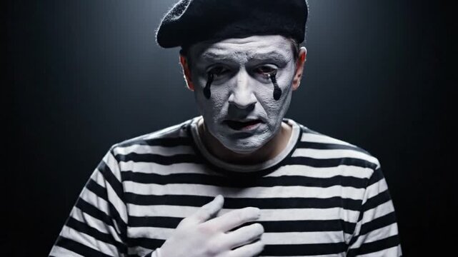 Mime performing emotional expression in spotlight
