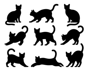 Black cat silhouette set in different poses, sitting, walking, jumping,  different poses collection