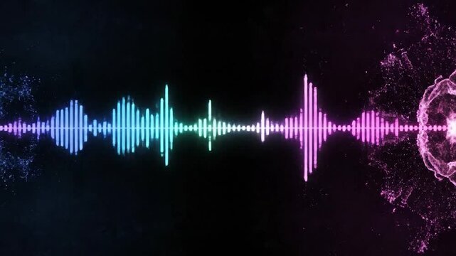 Animated digital audio wave form, green to yellow, over black. Glowing lines and particle effect