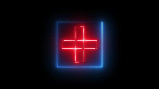 Neon plus sign icon animation glowing red and blue color neon sign positive mathematic accountancy calculating icon sign symbol on black background