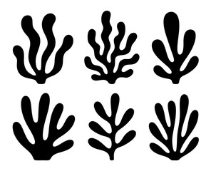 Obraz premium Black seaweed and algae silhouette set, underwater plants and marine vegetation