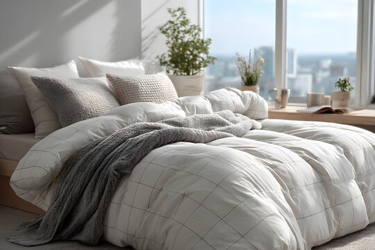 Serene minimalist bedroom featuring plush white down comforter with textured grid and gray plaid throw in clean morning light atmospheres.