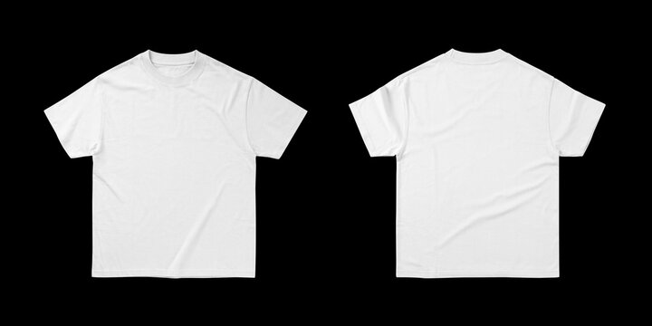 White oversized t-shirt flat lay mockup showing front and back views, isolated on a clean black background