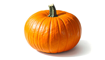 Obraz premium Round, vibrant orange pumpkin with a green stem, casting a soft shadow on white