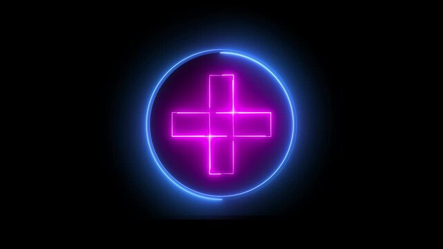 Neon plus sign icon animation glowing pink and blue color neon sign positive mathematic accountancy calculating icon sign symbol on black background