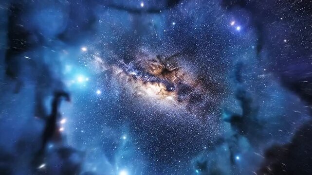 A cosmic scene, nebulas glow with ethereal light and scattered stars, against a deep blue