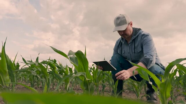 agriculture, farmer working corn field digital tablet, Farmer kneeling in corn field, Monitoring crop health, Innovative farm solutions, Man observing plant growth, Farm data collection, Nature and