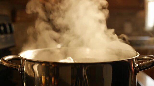 Cooking pot on stove top with boiling water and rising steam