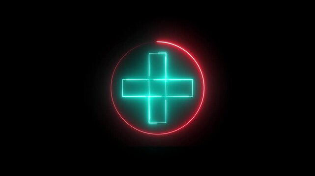 Neon plus sign icon animation glowing red and cyan color neon sign positive mathematic accountancy calculating icon sign symbol on black background