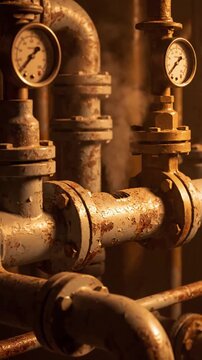 Subtle Steam or Heat Haze Delicate, slow-moving wisps of steam or heat haze gently rising from a specific pipe joint or vent, adding a dynamic, atmospheric element with soft, ethereal movement.