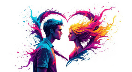 Naklejka premium Vibrant abstract heart embraces a couple in a colorful artistic expression of love