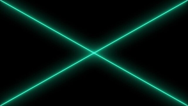flickering  abstract green neon cross lines on black background. futuristic glowing laser x shape animation. green light beams intersecting in center. neon crosshair or marker symbol overlay