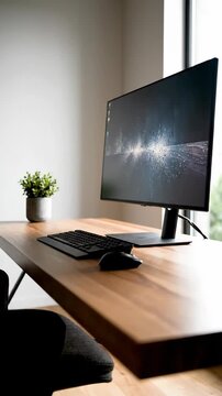 An empty, professional workstation with a computer on a wooden desk by a bright window, evoking a sense of calm and focus. Ideal for business or remot