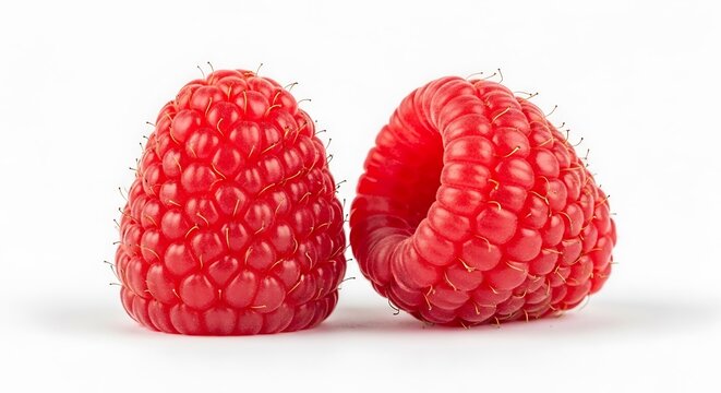 Two red raspberries on a white background isolated on white background
