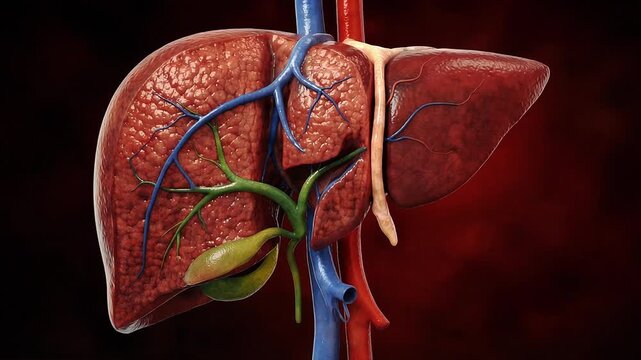 Human liver anatomy rotating to reveal gallbladder, bile ducts, hepatic vessels and portal vein