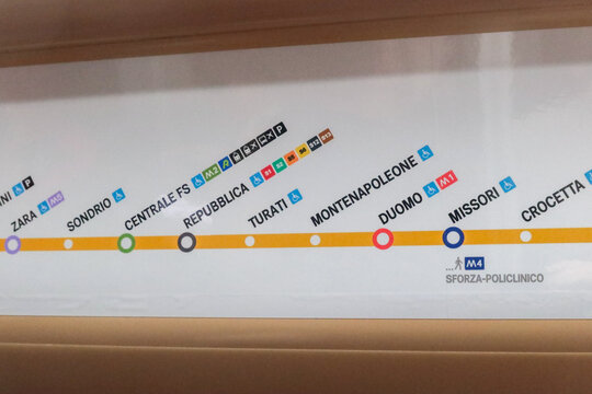 Milan metro M1 Line subway station map inside the train in Milan, Italy on May 17, 2025