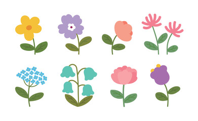 Set of 8 cute hand-drawn spring flower illustrations. Colorful floral icons including tulips, daisies, and bellflowers in a flat doodle style, perfect for stickers, cards, and nursery decor.