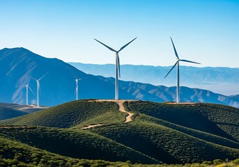 Wind turbines atop a grassy hill with mountains in the background