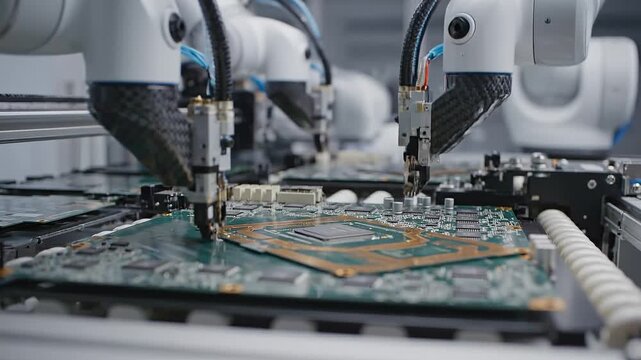 Macro Shot of Automatic Pick and Place machine quickly installs Components on Circuit Board. Electronics and Circuit board Manufacturing Factory. Loopable.