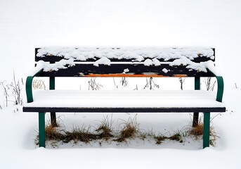 Snow covered park bench sits in a winter landscape