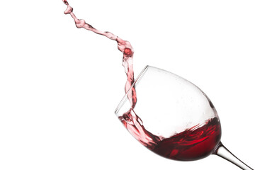 Close-up red wine glass pouring splash flow.  Macro view splashing red wine, falling action on white background. copy space