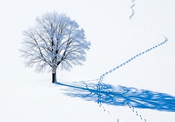 A solitary tree casts a long shadow across a snow covered landscape