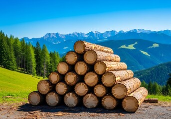 Stacked logs in a mountainous landscape under a clear blue sky