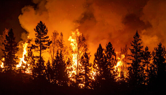 Forest fire at night, blazing trees, vivid orange flames, nature disaster, dramatic and dangerous scene.