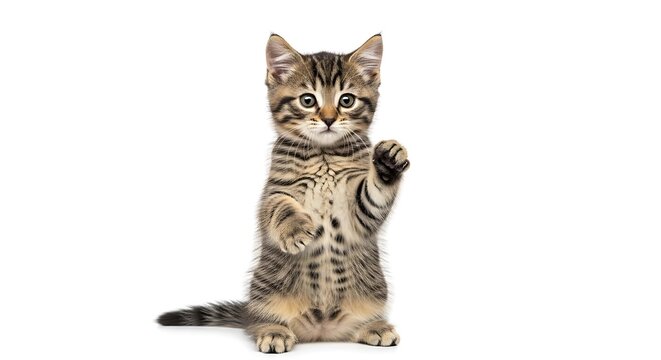 A small tabby kitten sitting on its haunches with one paw raised isolated on white background