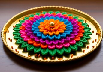 Colorful rangoli art displayed on a golden ornate circular plate