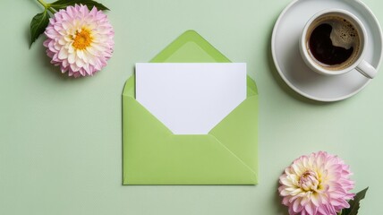 Green envelope with blank card and coffee on pastel background