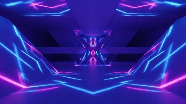 Diagonal Striped Light Wave An interior with strong diagonal lines and stripes, where a duotone light wave rhythmically travels across the surfaces, creating a pulse effect that shifts and changes