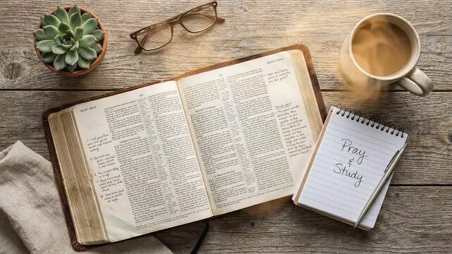 Overhead Flat Lay of Open Bible with Coffee and Notepad